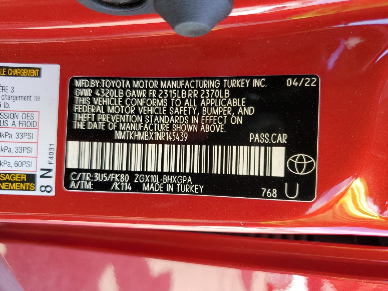 2022 TOYOTA C-HR XLE VIN:NMTKHMBX1NR145439