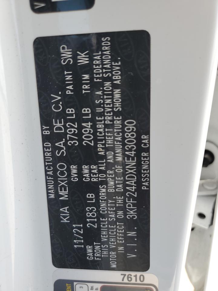 2022 KIA FORTE FE VIN:3KPF24ADXNE430890