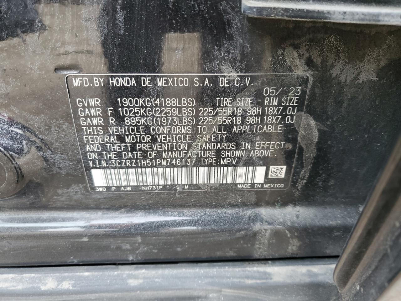 2023 HONDA HR-V SPORT VIN:3CZRZ1H51PM746137
