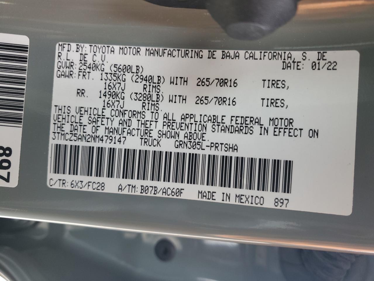 2022 TOYOTA TACOMA DOUBLE CAB VIN:3TMCZ5AN2NM479147