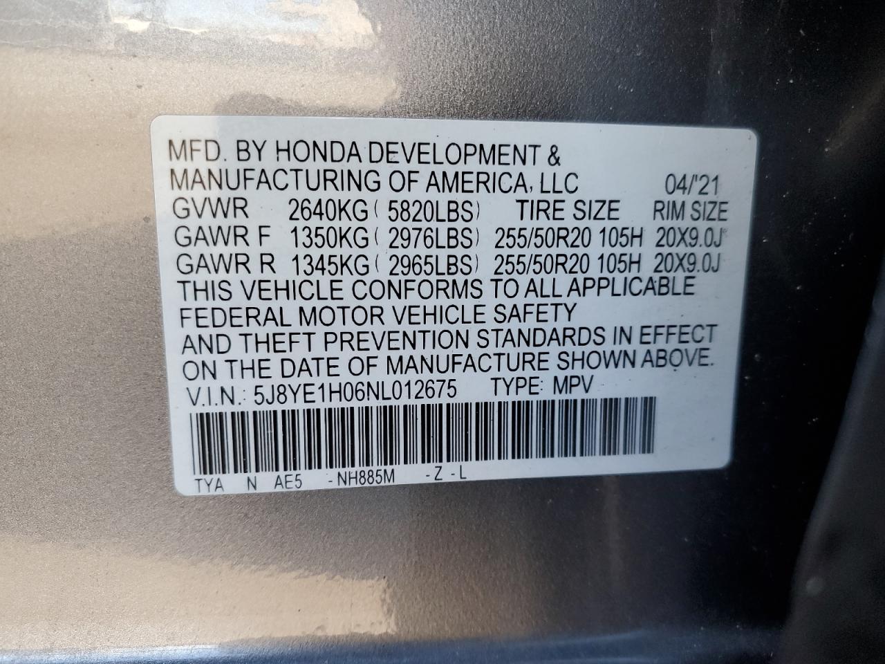 2022 ACURA MDX A-SPEC VIN:5J8YE1H06NL012675