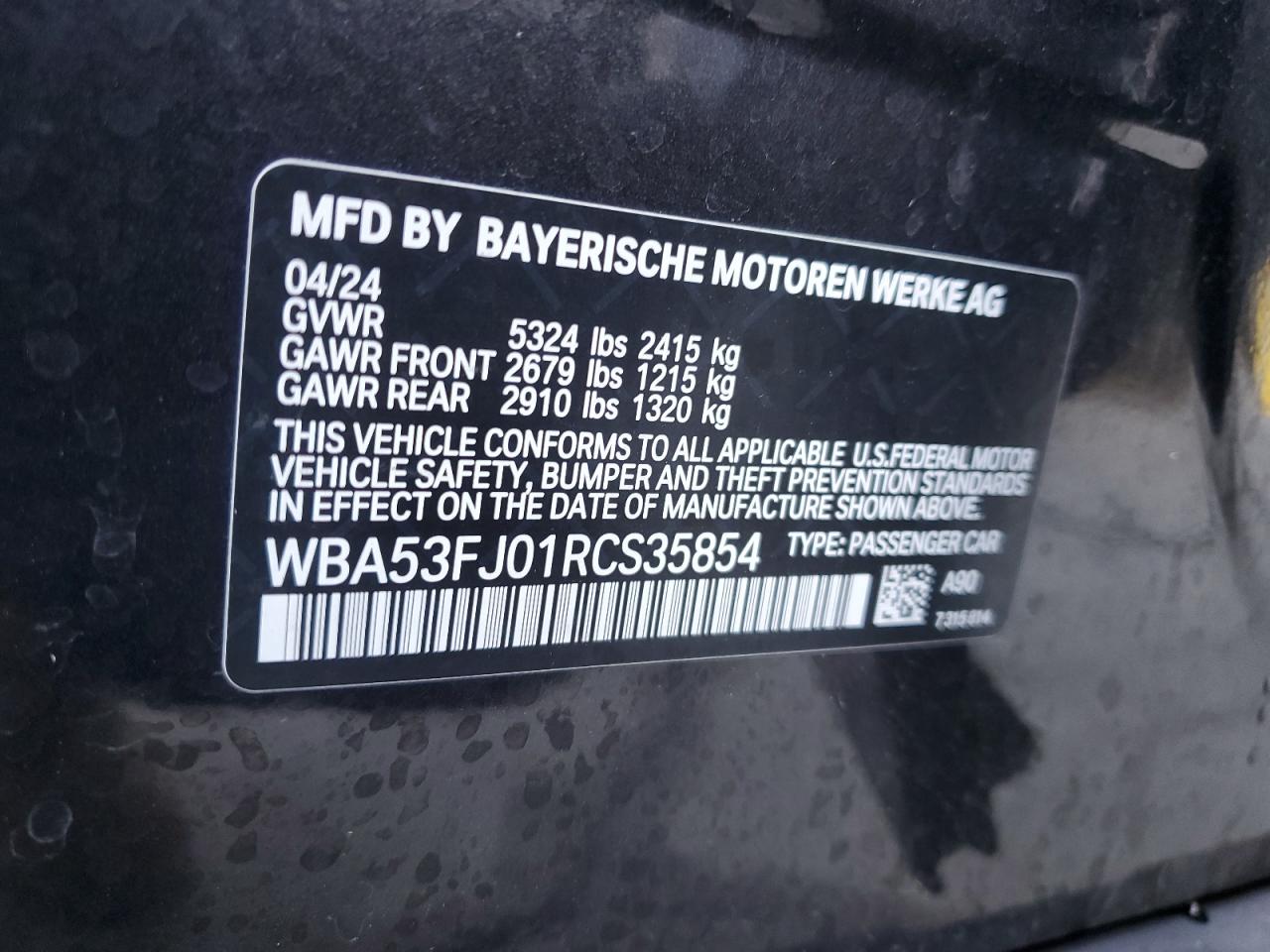 2024 BMW 530 XI VIN:WBA53FJ01RCS35854