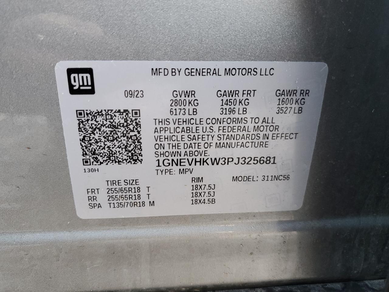 2023 CHEVROLET TRAVERSE LT VIN:1GNEVHKW3PJ325681