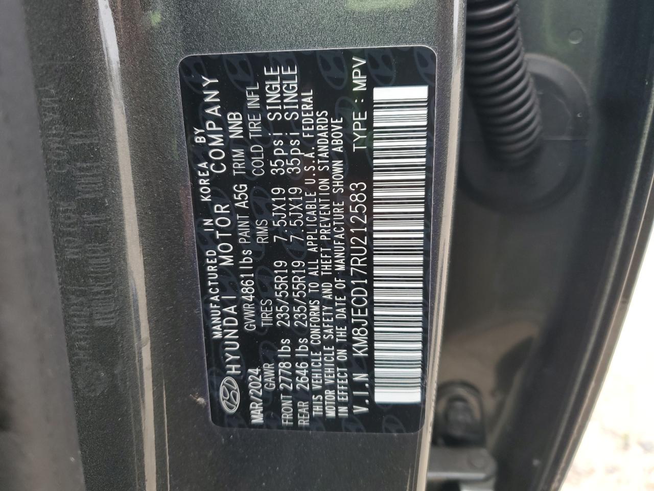 2024 HYUNDAI TUCSON LIMITED VIN:KM8JECD17RU212583