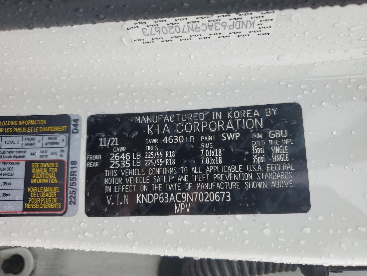 2022 KIA SPORTAGE S VIN:KNDP63AC9N7020673