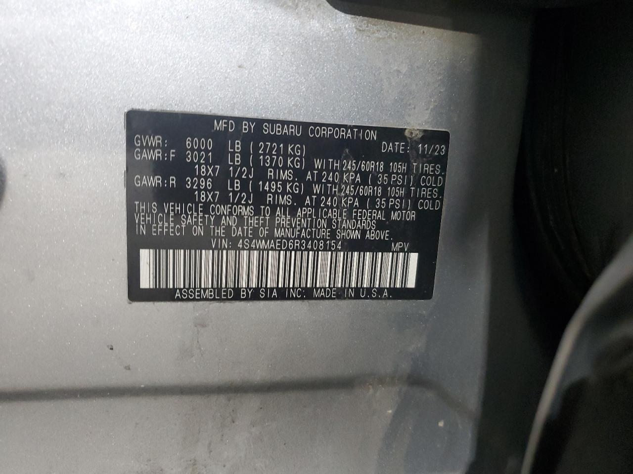 2024 SUBARU ASCENT PREMIUM VIN:4S4WMAED6R3408154