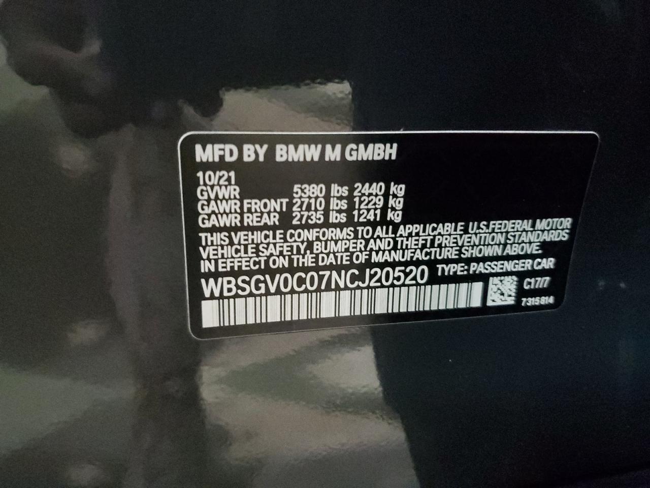 2022 BMW M8  VIN:WBSGV0C07NCJ20520