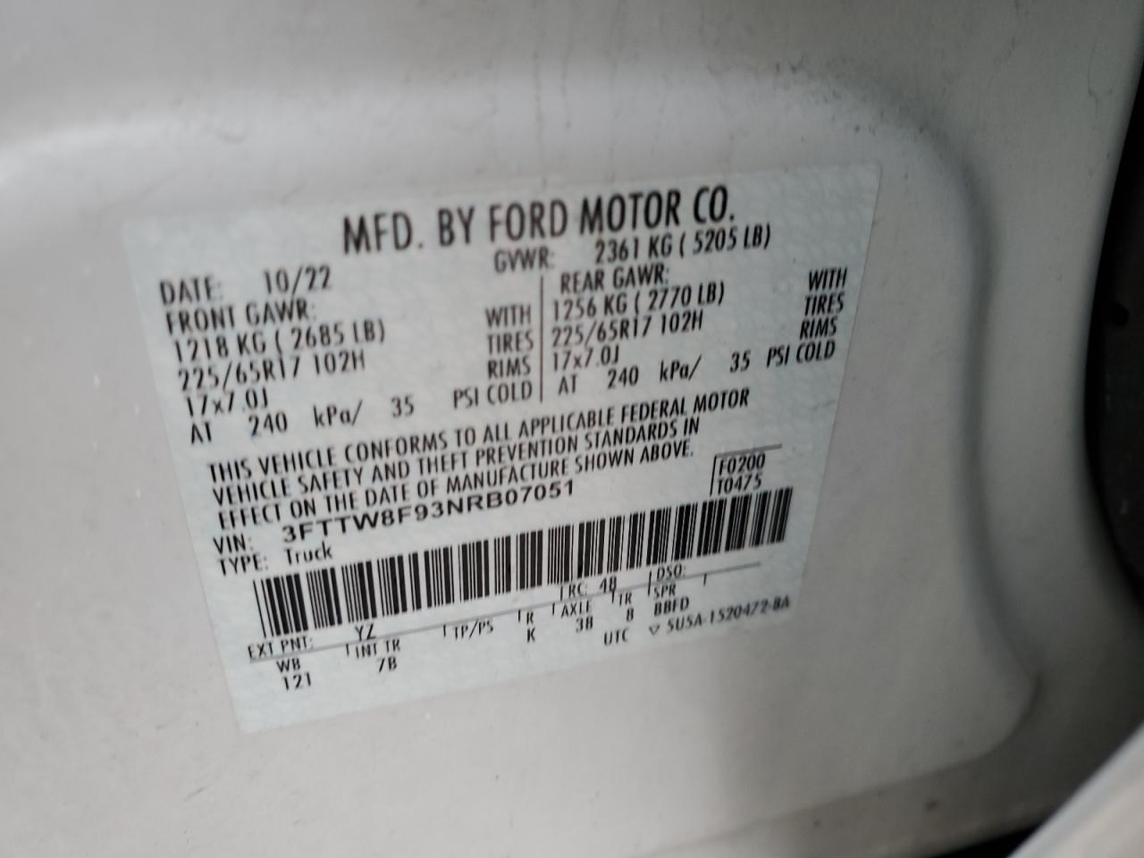 2022 FORD MAVERICK XL VIN:3FTTW8F93NRB07051