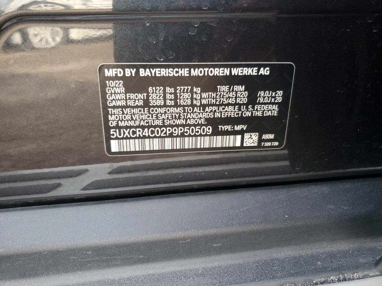 2023 BMW X5 SDRIVE 40I VIN:5UXCR4C02P9P50509