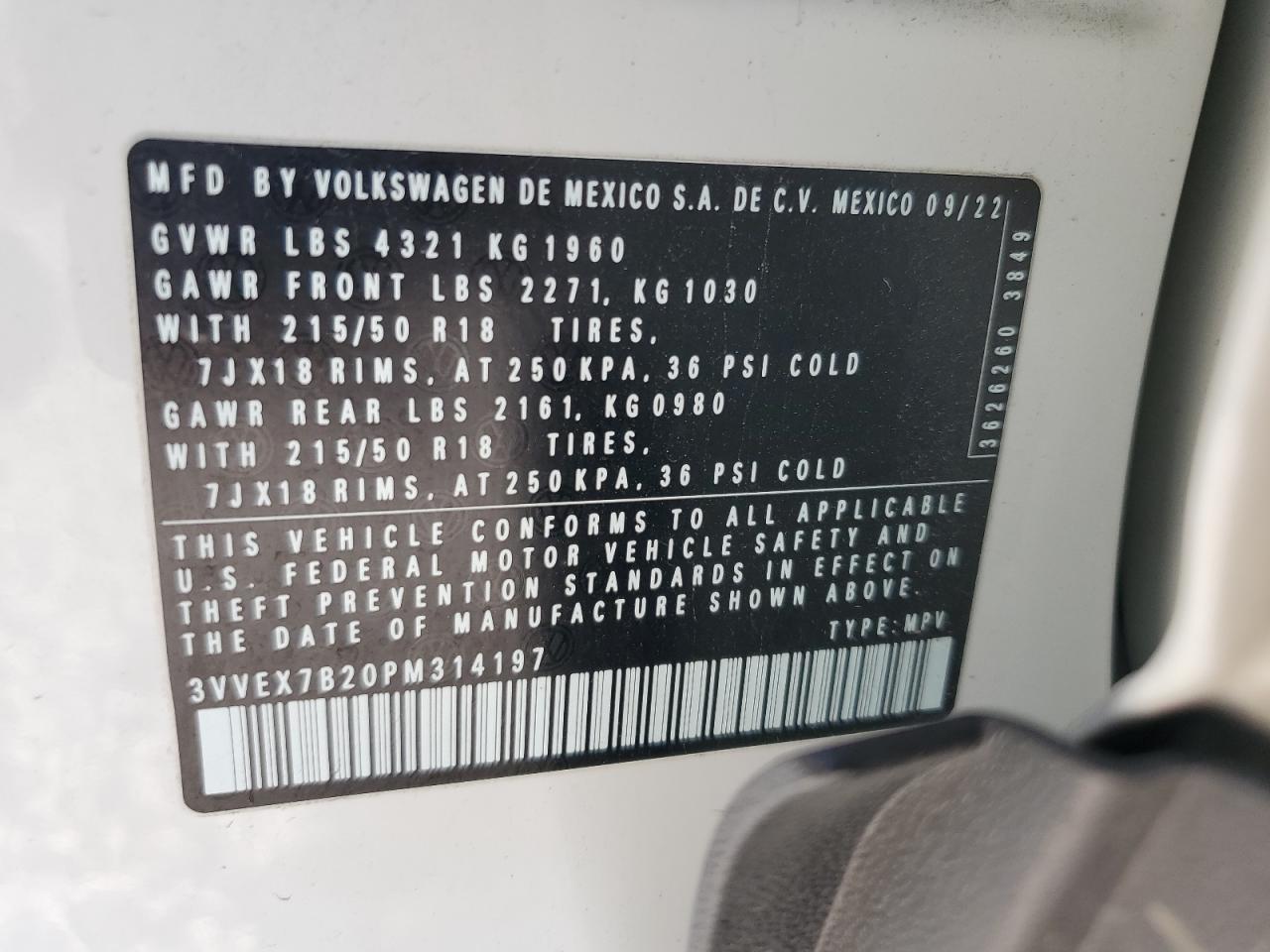 2023 VOLKSWAGEN TAOS SE VIN:3VVEX7B20PM314197