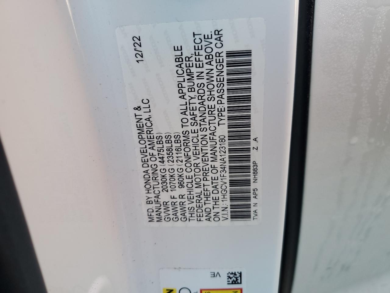 2022 HONDA ACCORD SPORT VIN:1HGCV1F34NA123180