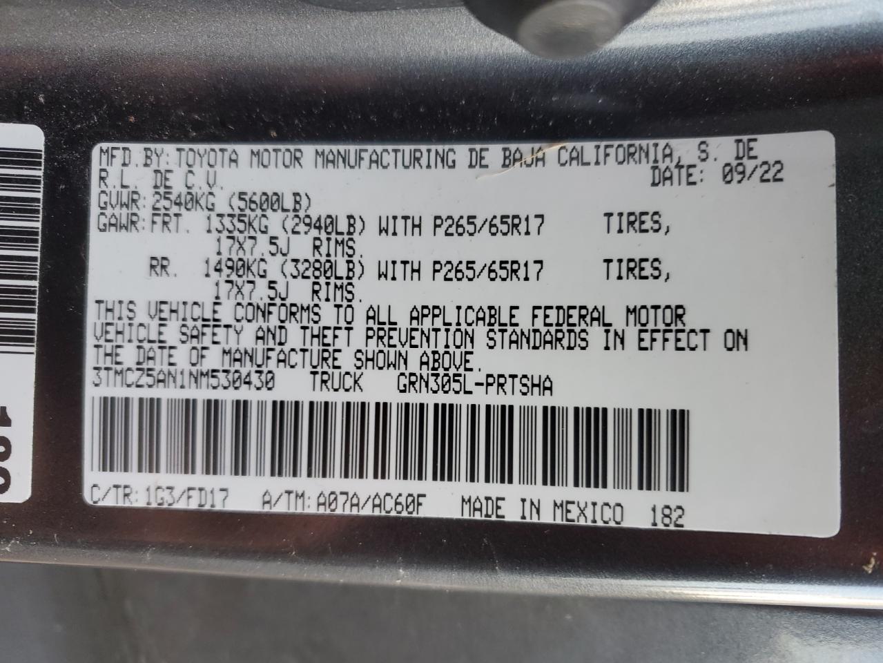 2022 TOYOTA TACOMA DOUBLE CAB VIN:3TMCZ5AN1NM530430