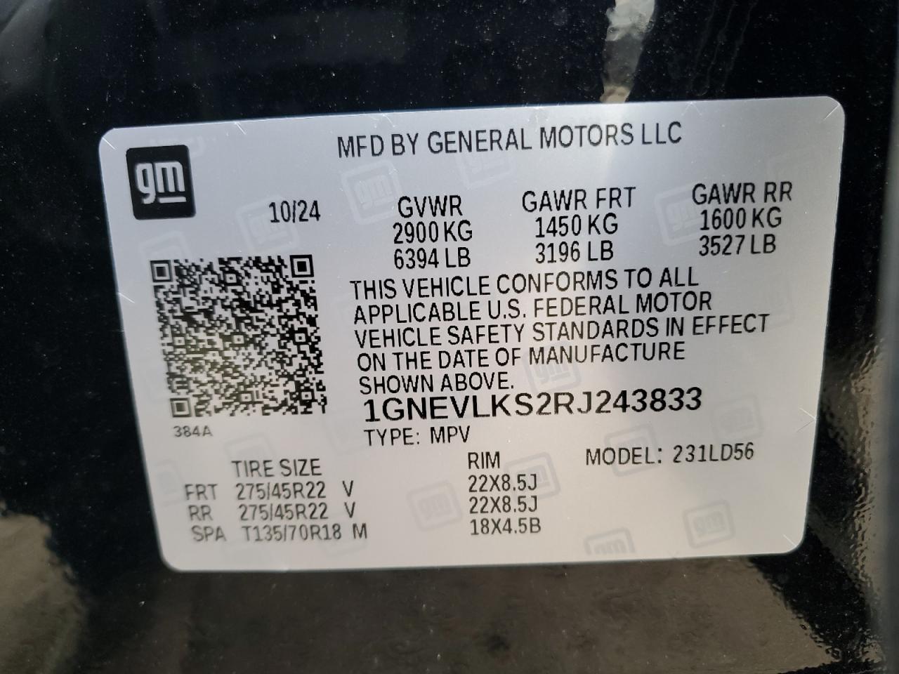 2024 CHEVROLET TRAVERSE RS VIN:1GNEVLKS2RJ243833