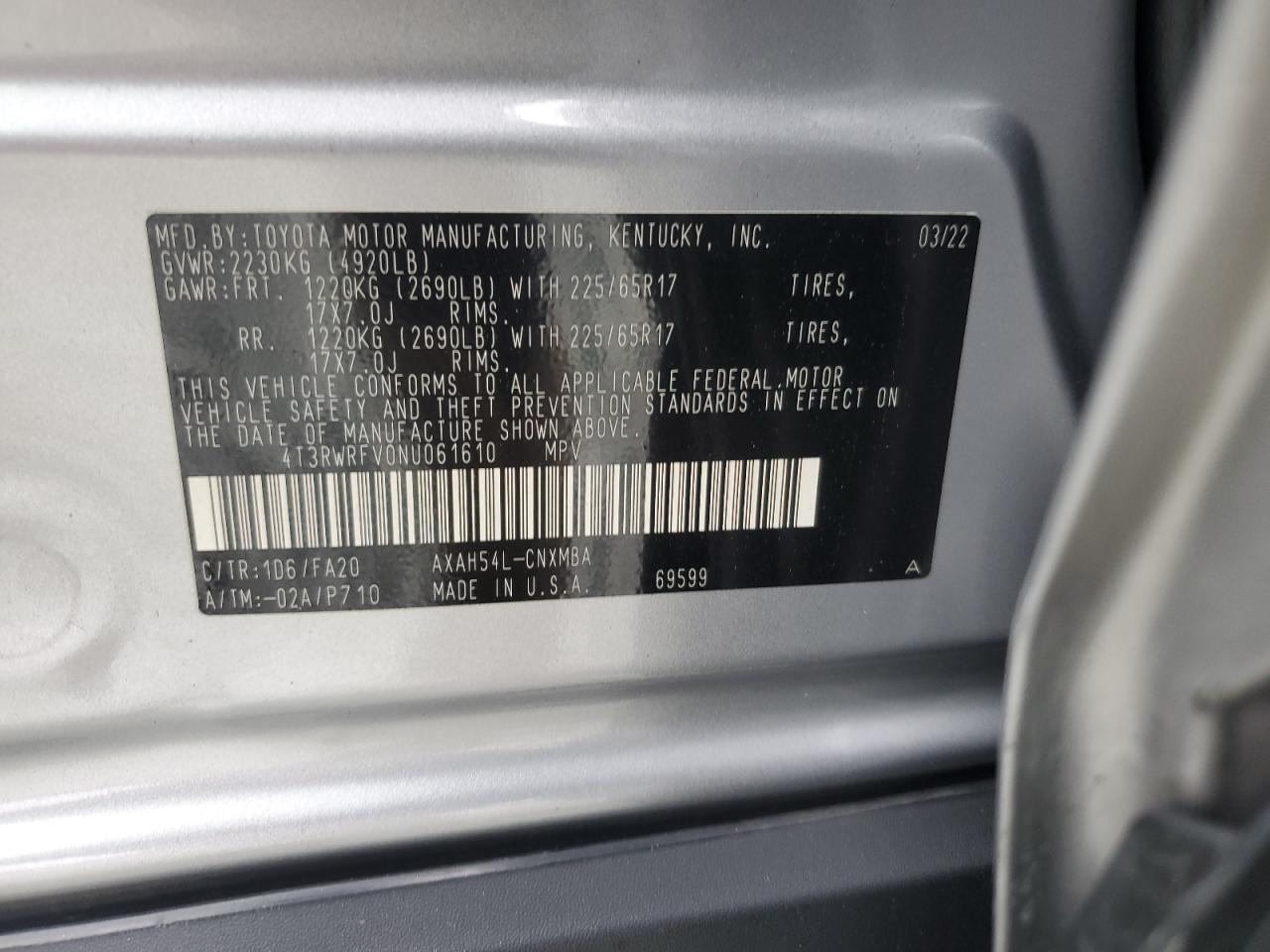 2022 TOYOTA RAV4 XLE VIN:KNMAT2MV8HP617162