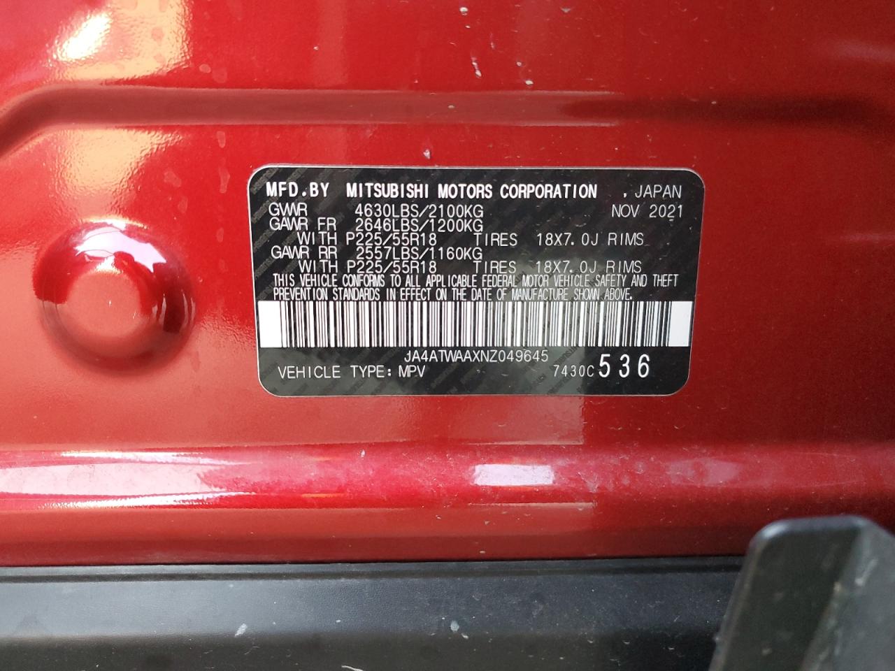 2022 MITSUBISHI ECLIPSE CROSS SE VIN:JA4ATWAAXNZ049645