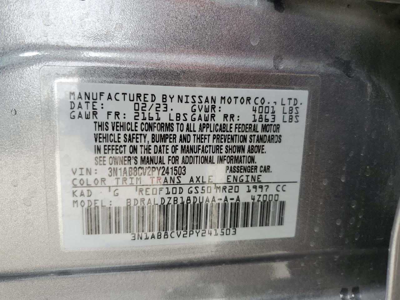 2023 NISSAN SENTRA SV VIN:3N1AB8CV2PY241503