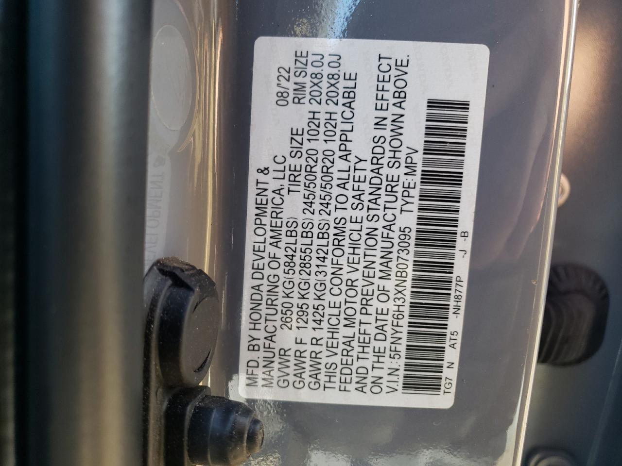 2022 HONDA PILOT SPORT VIN:5FNYF6H3XNB073095
