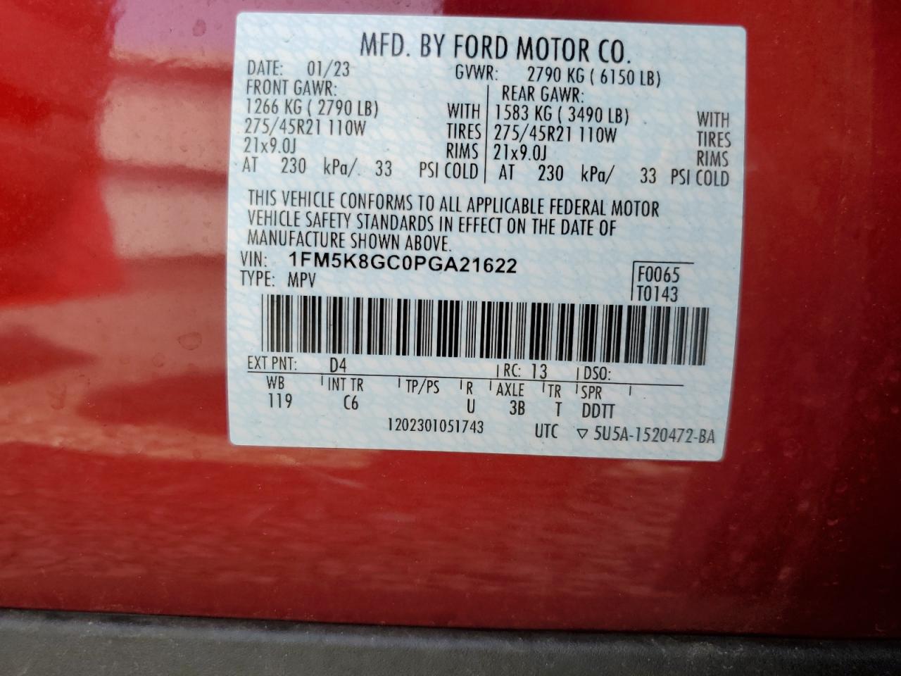 2023 FORD EXPLORER ST VIN:1FM5K8GC0PGA21622