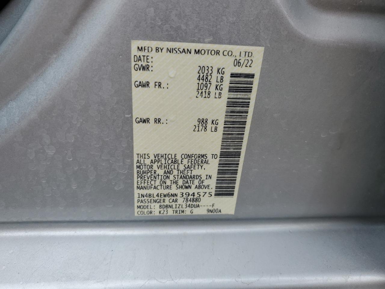 2022 NISSAN ALTIMA SL VIN:1N4BL4EW6NN394575