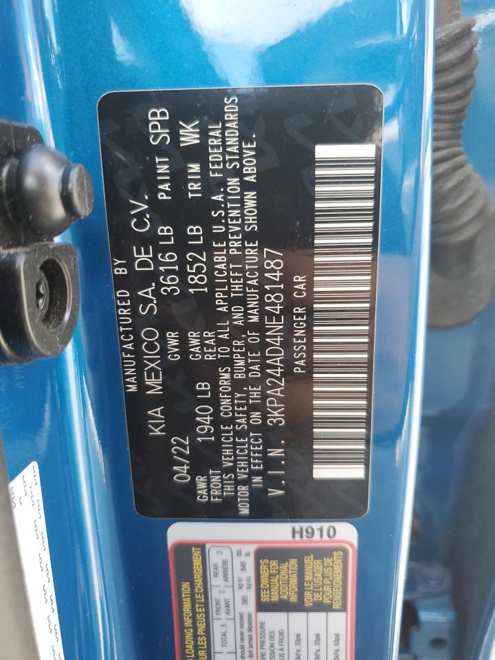2022 KIA RIO LX VIN:3KPA24AD4NE481487