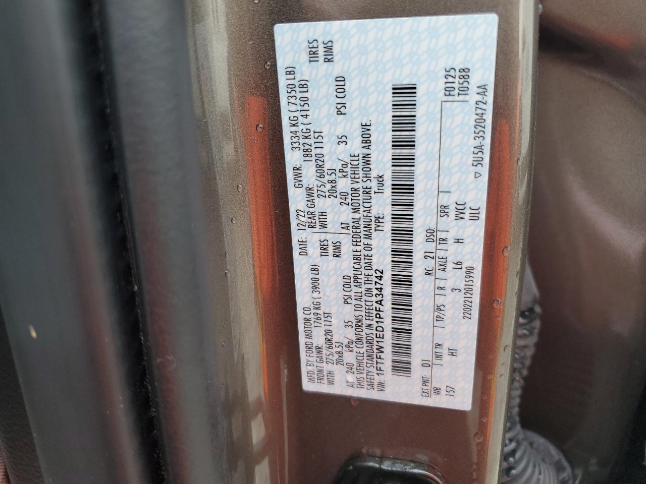2023 FORD F150 SUPERCREW VIN:1FTFW1ED1PFA34742