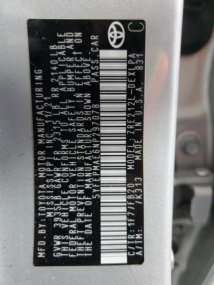 2022 TOYOTA COROLLA LE VIN:5YFEPMAE6NP297078