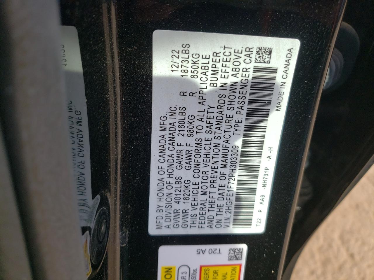 2023 HONDA CIVIC EX VIN:2HGFE1F72PH303309