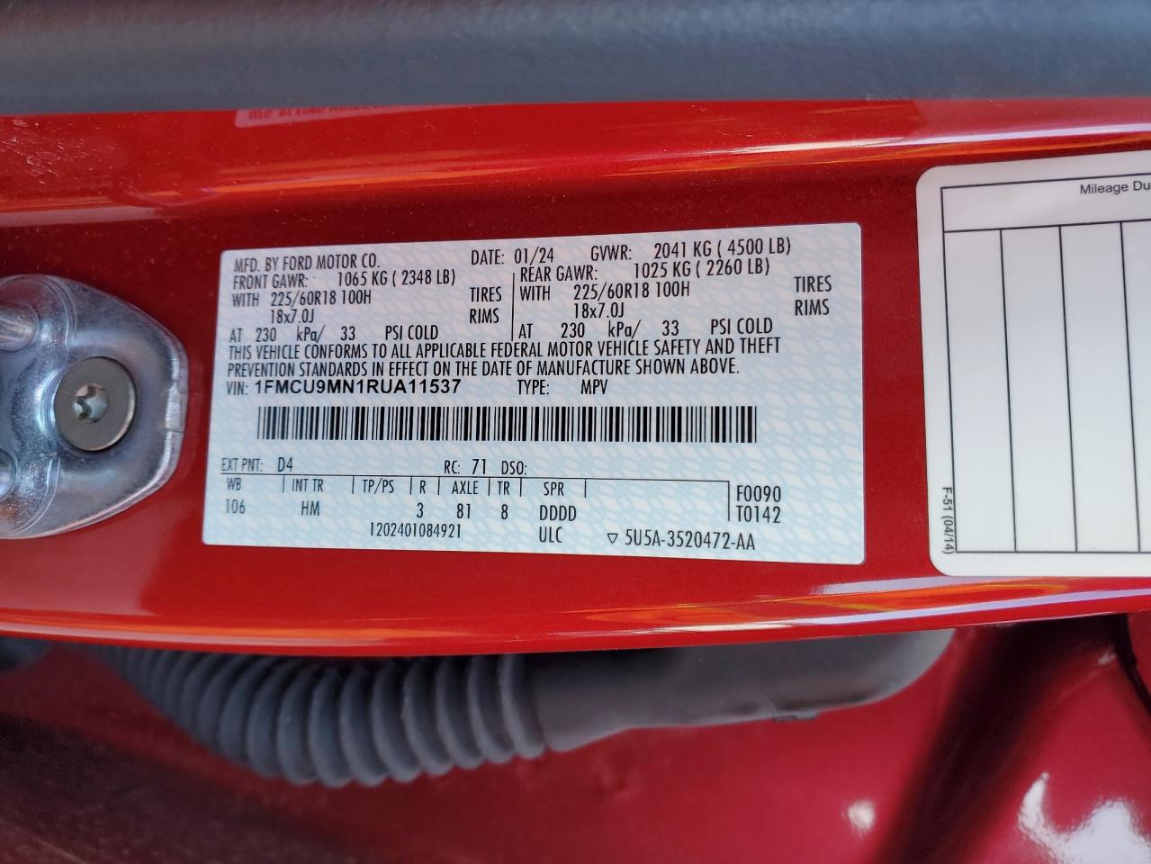 2024 FORD ESCAPE ST LINE VIN:1FMCU9MN1RUA11537
