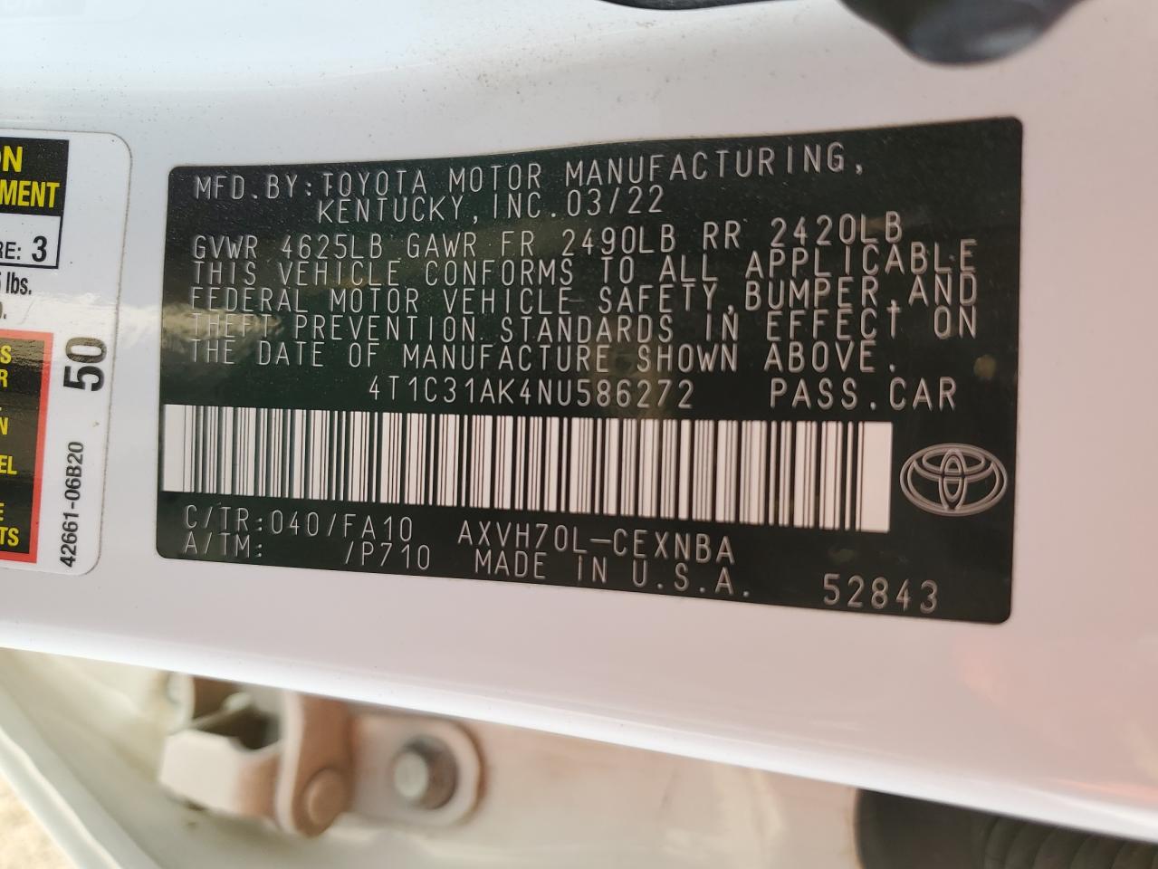 2022 TOYOTA CAMRY LE VIN:4T1C31AK4NU586272