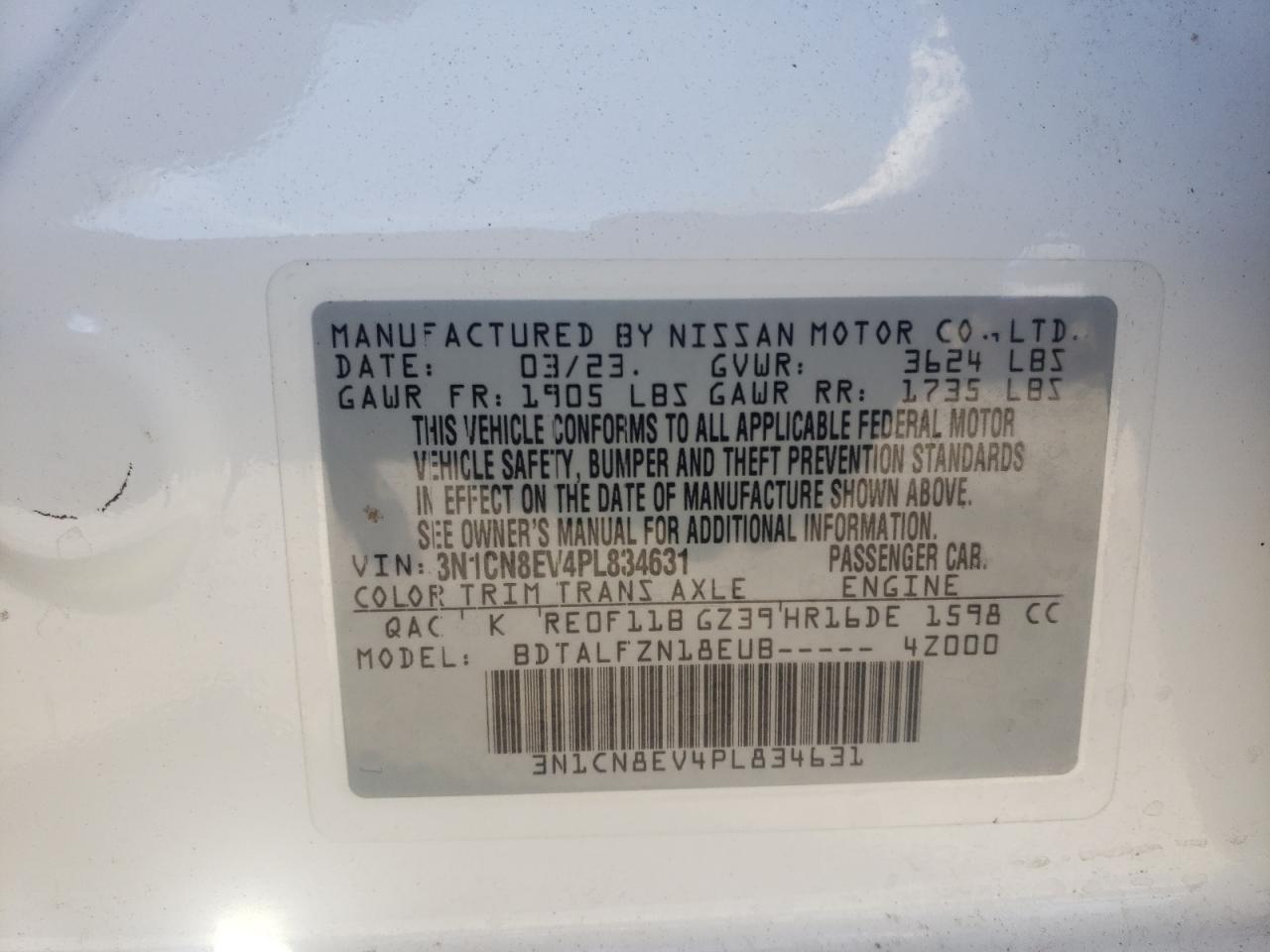 2023 NISSAN VERSA SV VIN:3N1CN8EV4PL834631
