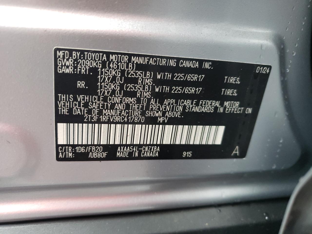 2024 TOYOTA RAV4 LE VIN:2T3F1RFV9RC417870