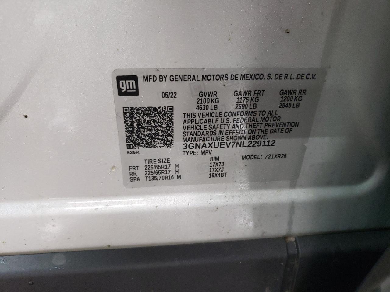 2022 CHEVROLET EQUINOX LT VIN:3GNAXUEV7NL229112