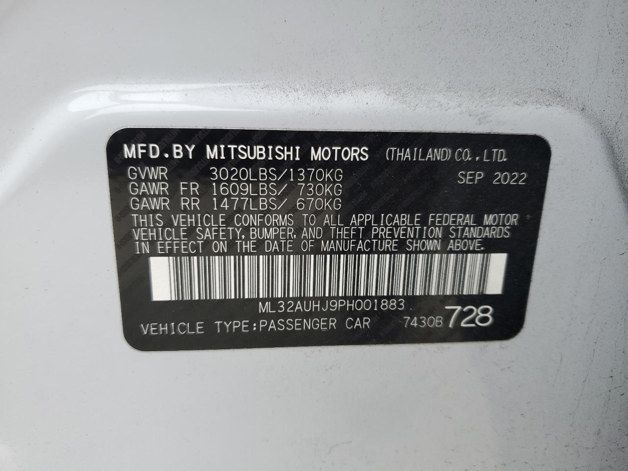 2023 MITSUBISHI MIRAGE ES VIN:ML32AUHJ9PH001883