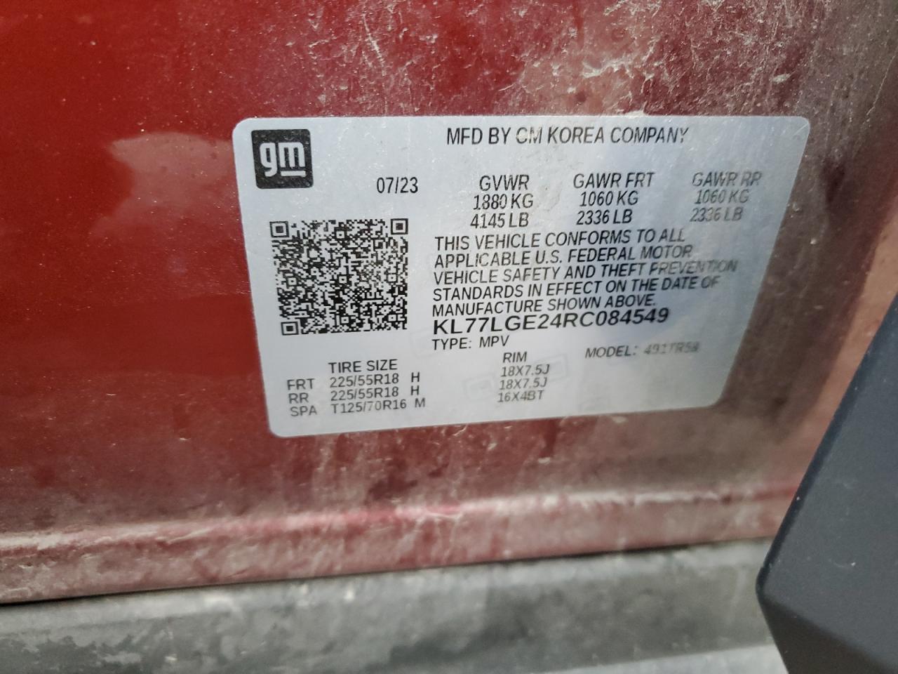 2024 CHEVROLET TRAX 1RS VIN:KL77LGE24RC084549