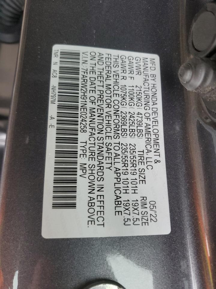 2022 HONDA CR-V TOURING VIN:7FARW2H91NE024258