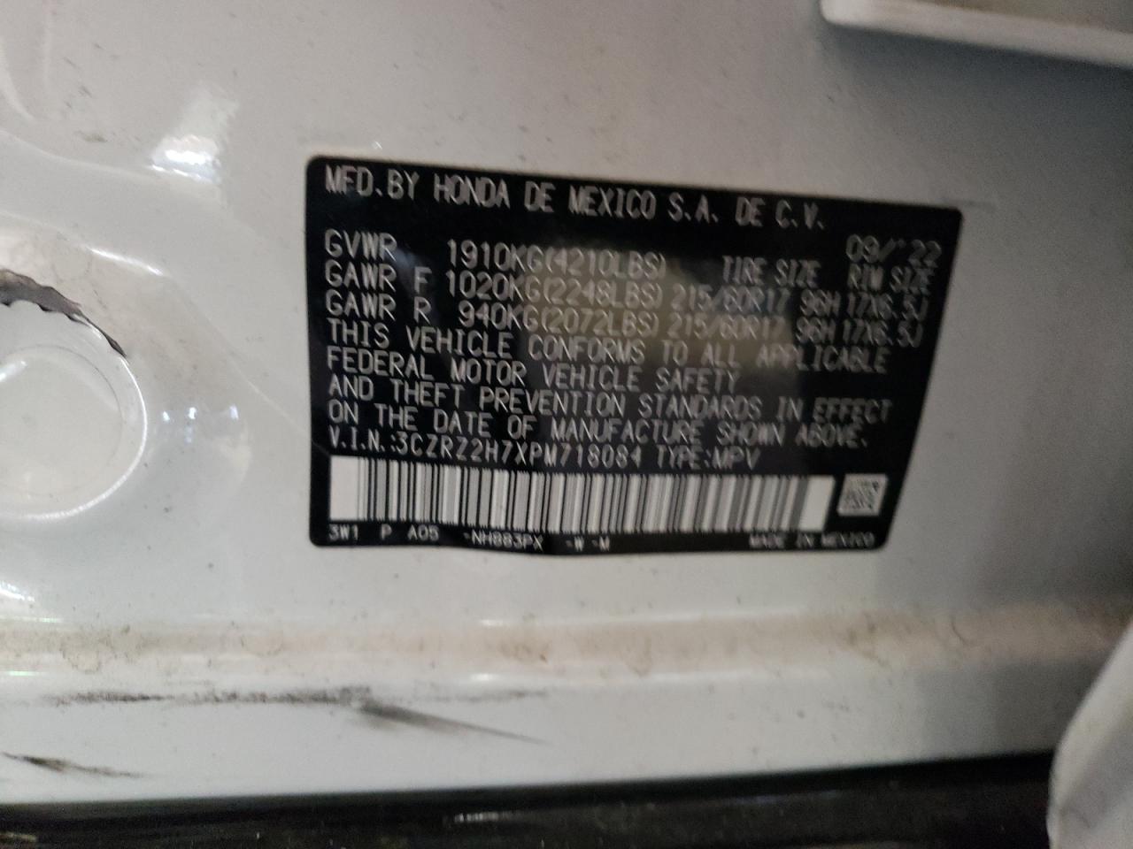 2023 HONDA HR-V EXL VIN:3CZRZ2H7XPM718084