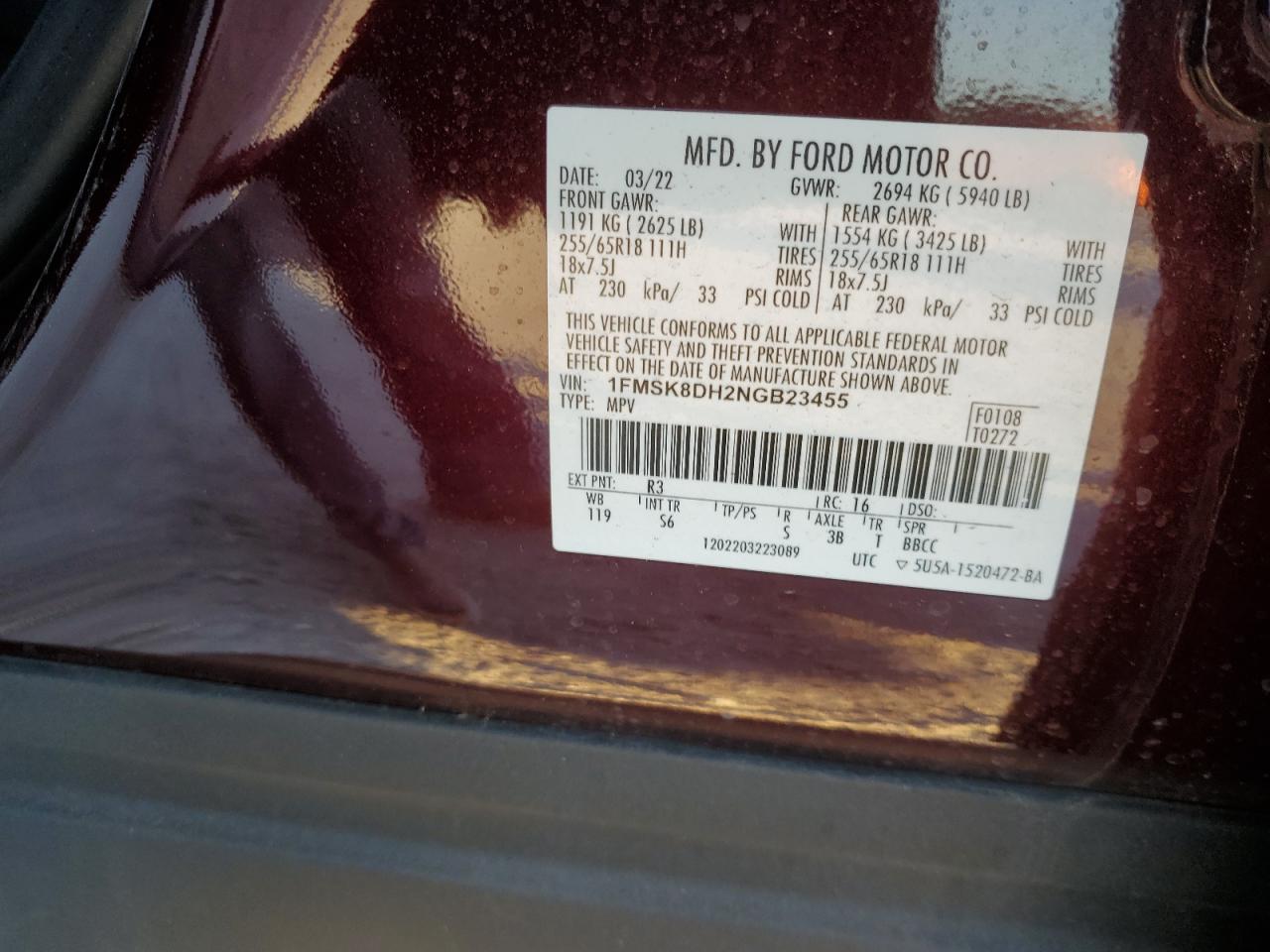 2022 FORD EXPLORER XLT VIN:1FMSK8DH2NGB23455