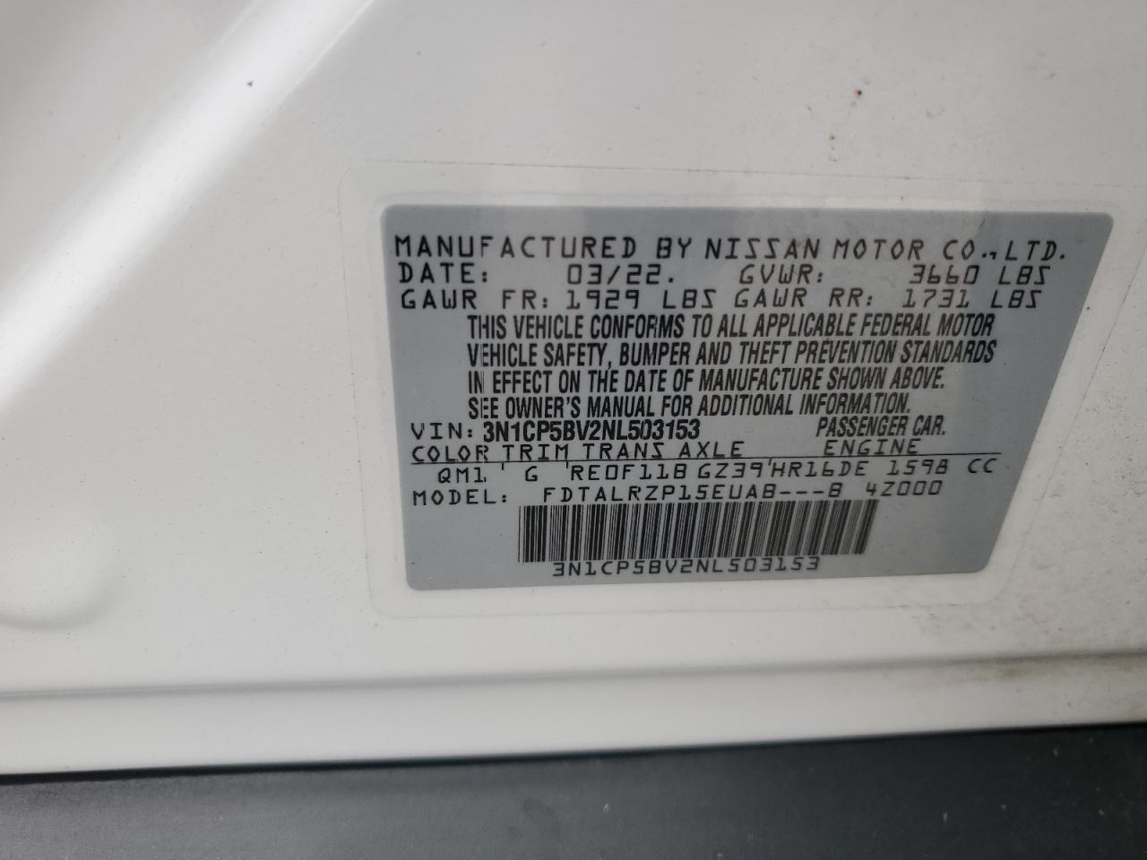 2022 NISSAN KICKS S VIN:3N1CP5BV2NL503153