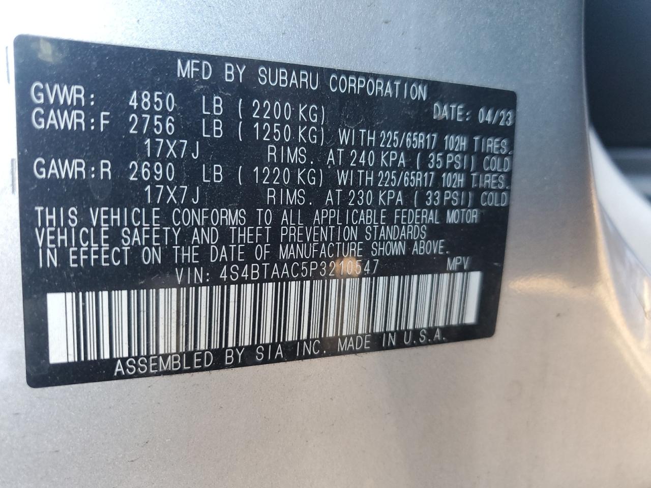 2023 SUBARU OUTBACK  VIN:4S4BTAAC5P3210547