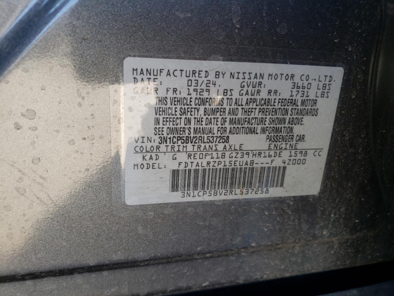 2024 NISSAN KICKS S VIN:3N1CP5BV2RL537258