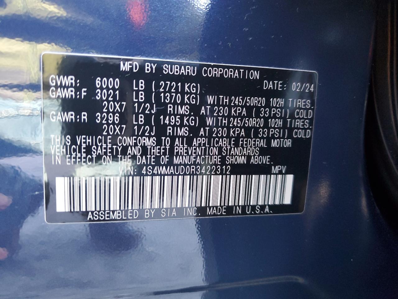 2024 SUBARU ASCENT LIMITED VIN:4S4WMAUD0R3422312