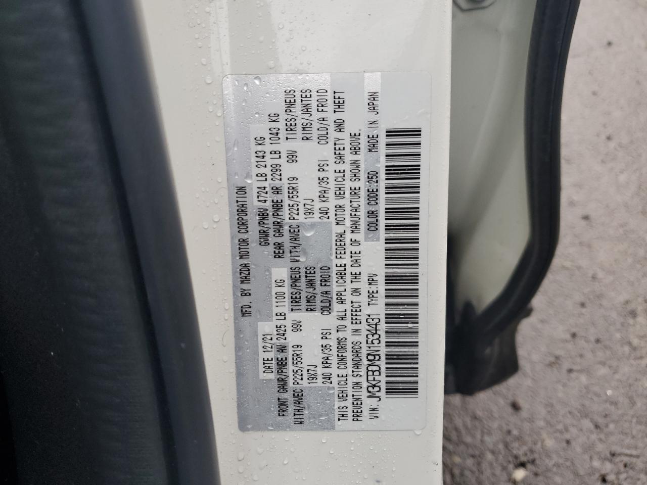 2022 MAZDA CX-5 PREMIUM VIN:JM3KFBDM9N1534431
