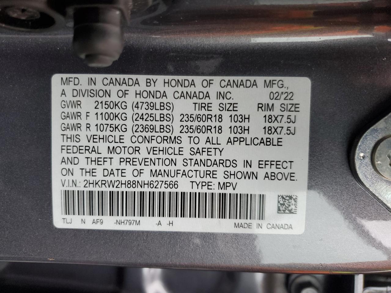 2022 HONDA CR-V EXL VIN:2HKRW2H88NH627566