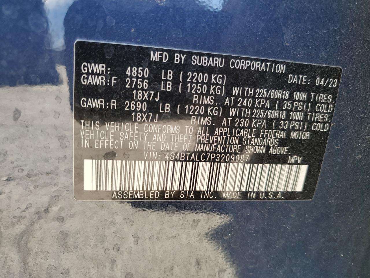 2023 SUBARU OUTBACK ONYX EDITION VIN:4S4BTALC7P3209087