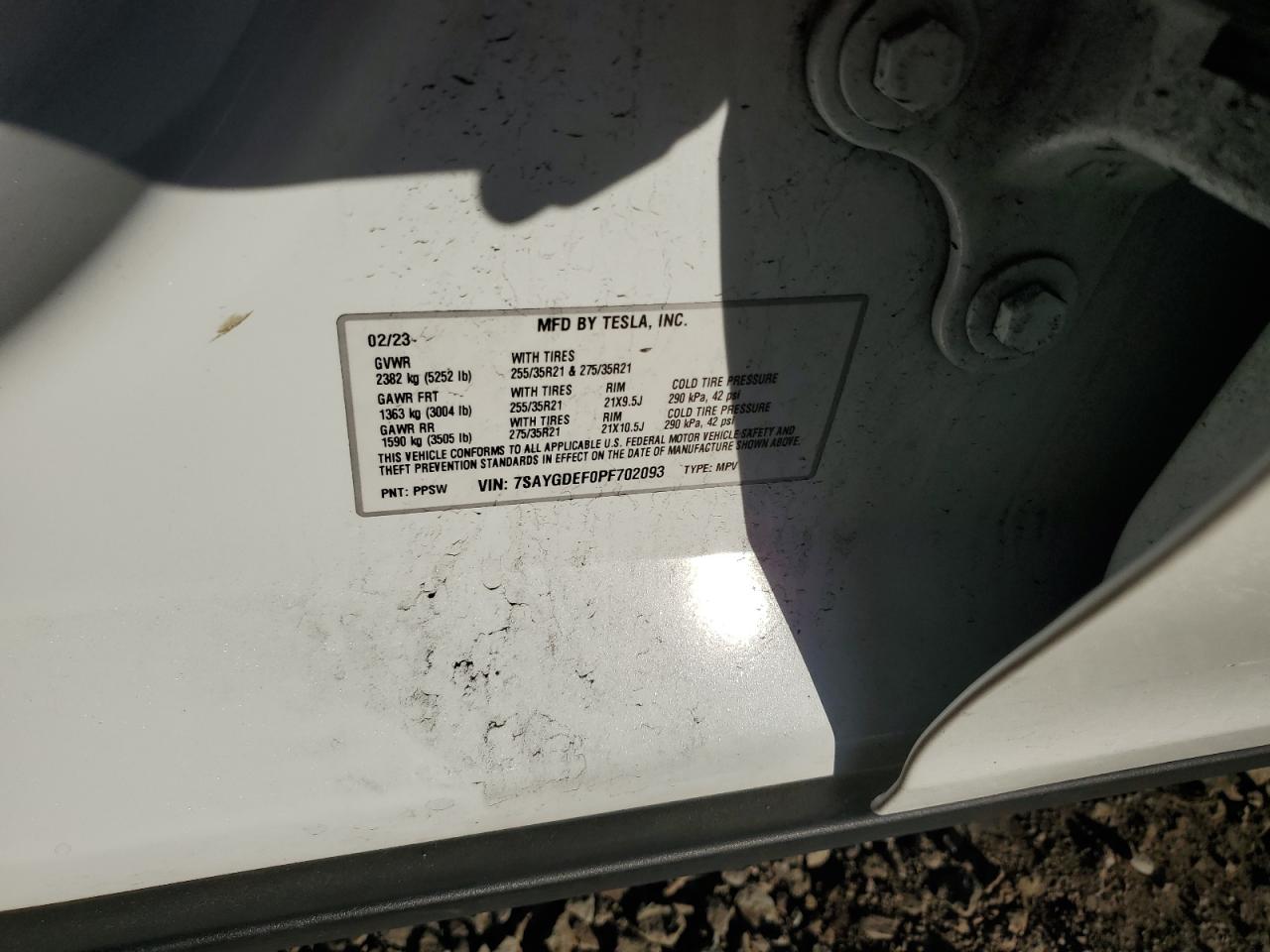 2023 TESLA MODEL Y  VIN:7SAYGDEF0PF702093
