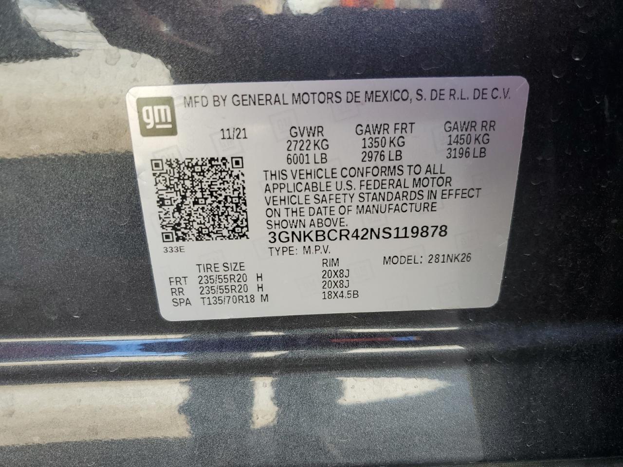 2022 CHEVROLET BLAZER 2LT VIN:3GNKBCR42NS119878