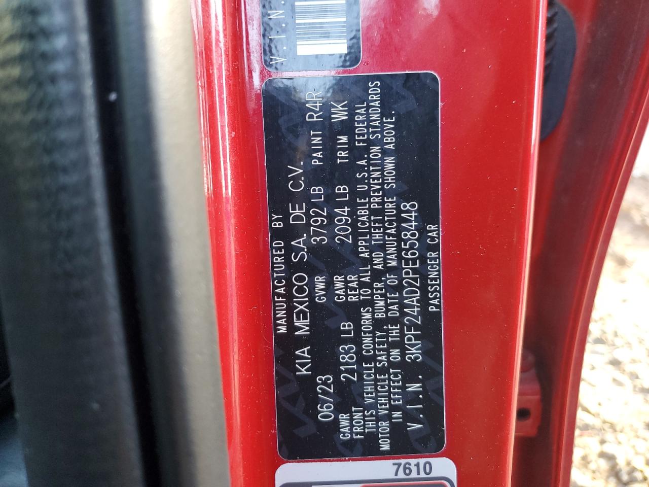 2023 KIA FORTE LX VIN:3KPF24AD2PE658448