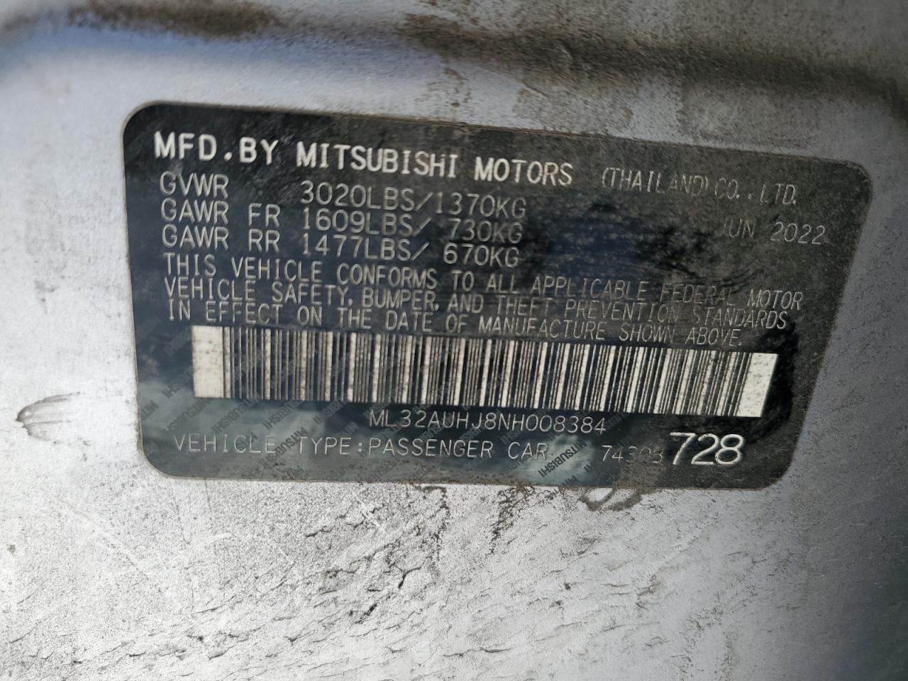 2022 MITSUBISHI MIRAGE ES VIN:ML32AUHJ8NH008384