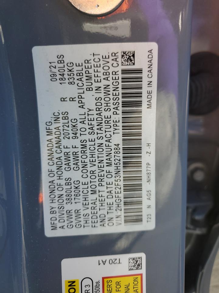 2022 HONDA CIVIC SPORT VIN:2HGFE2F53NH527884