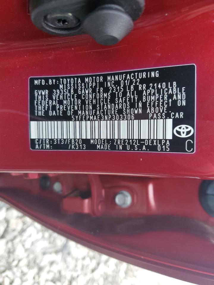 2022 TOYOTA COROLLA LE VIN:5YFEPMAE3NP303306